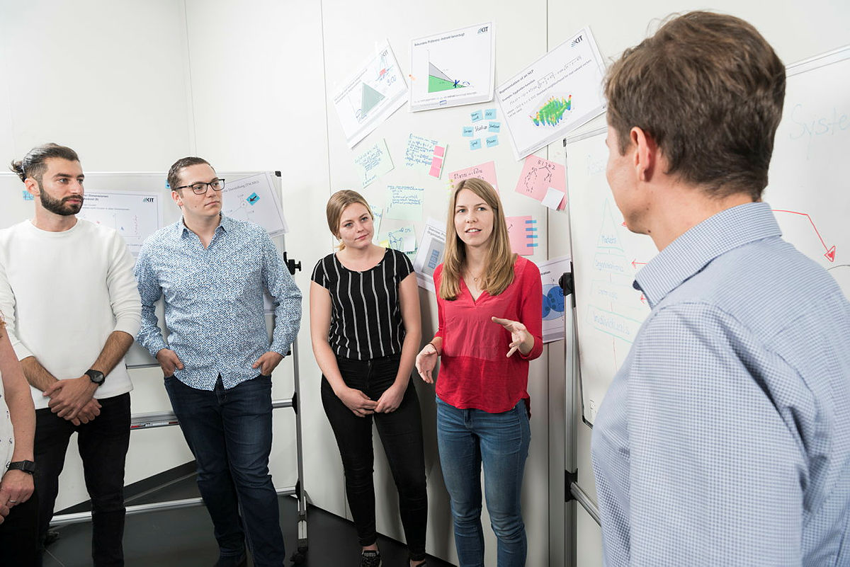 Fünf Personen diskutieren im Büro vor Whiteboards mit Diagrammen und Notizen.
